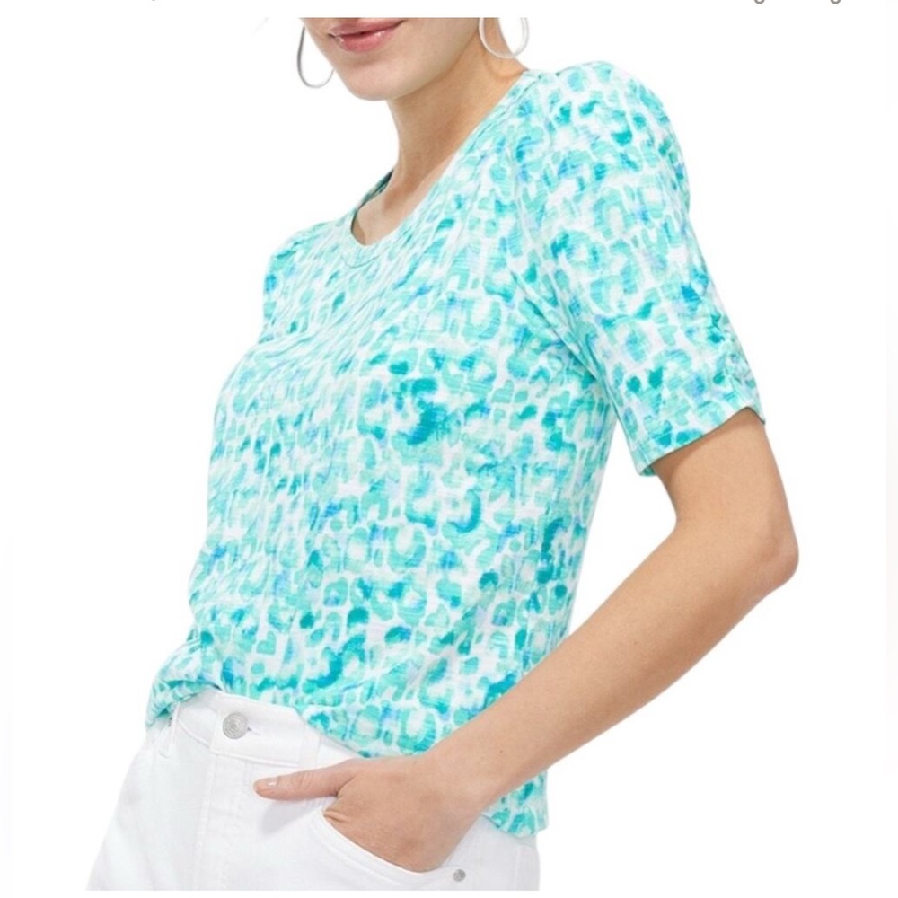 Chico’s Short Sleeve Scoop Neck Elbow Tee in Harbor Green and White| Size: 3